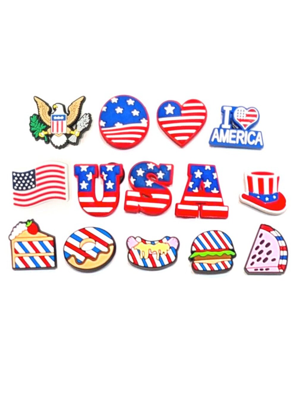PATRIOTIC SHOE CHARM COLLECTION (Pack of 14) Fits Both Shoelaces and Clogs
